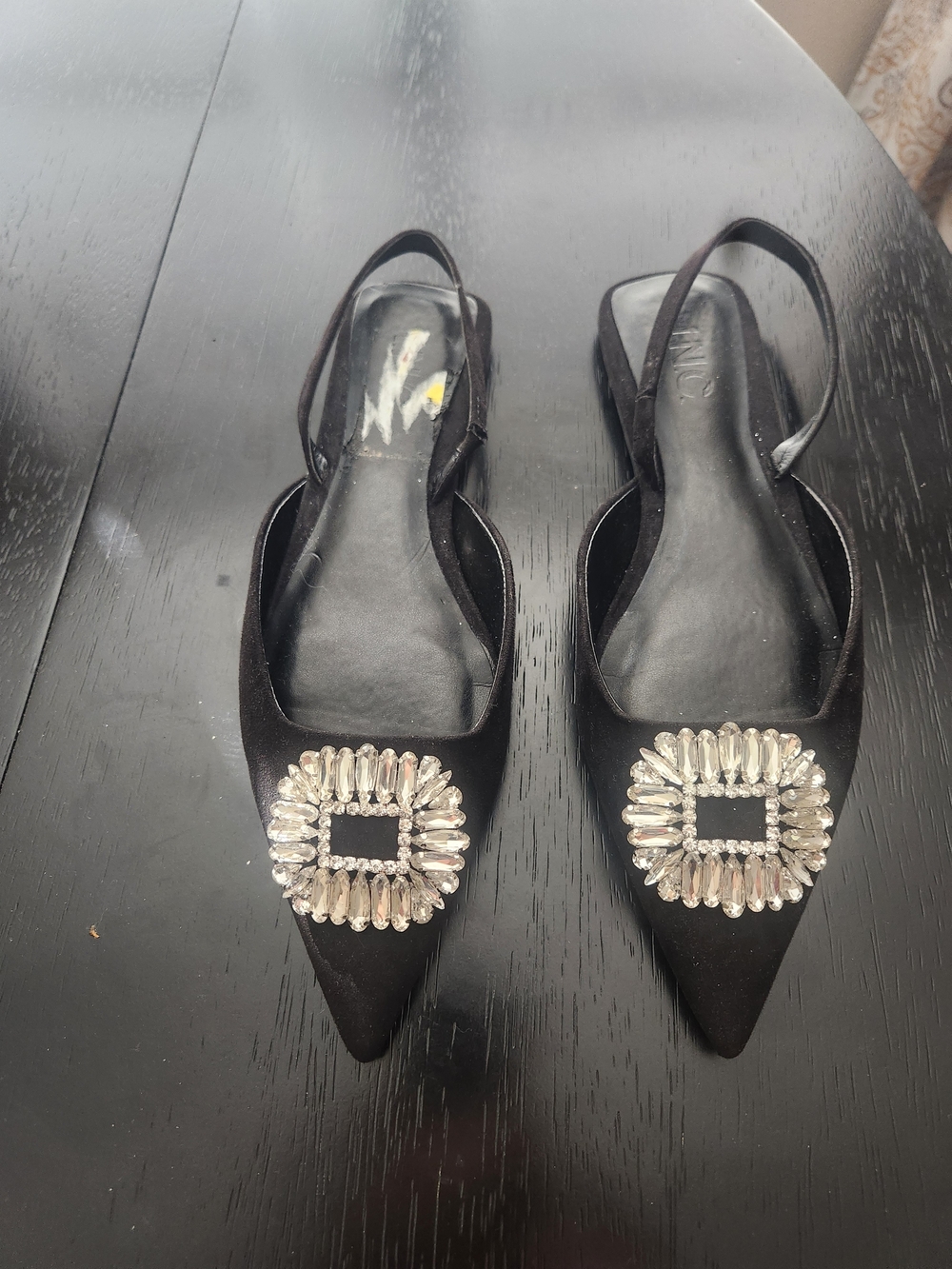 Women’s Black Pointed Slingback Flats with Crystal Buckle